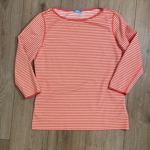 J. McLaughlin | Signature Tee Coral and White Striped 3/4 Length Shirt | Large - Picture 1 of 6